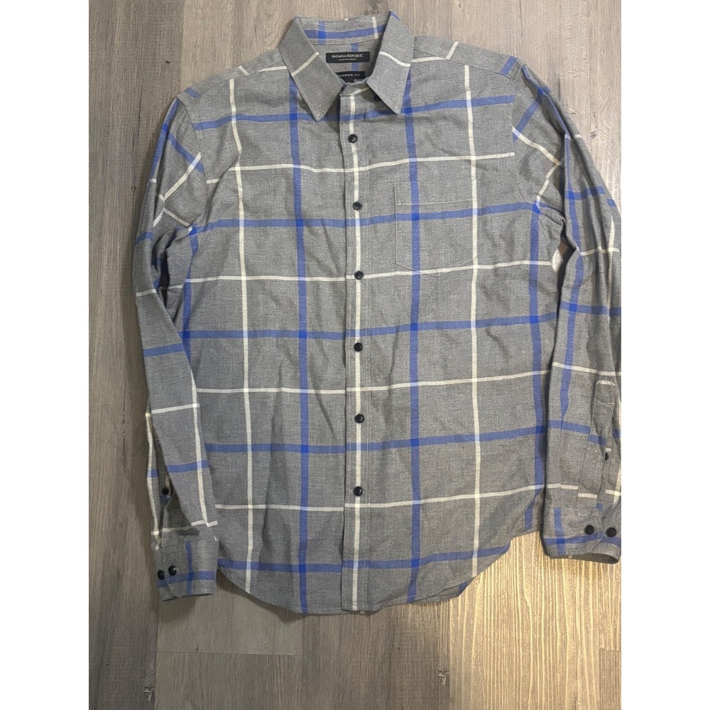 Banana Republic Luxe Flannel Shirt Mens Medium Camden Plaid Gray Long Sleeve